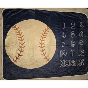 Tebaby Milestone Monthly Blanket Plush‎ Soft 48x34 Baseball Navy Cream Baby